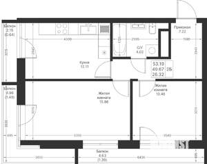 2-к квартира, вторичка, 53м2, 9/25 этаж