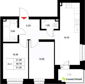 2-к квартира, вторичка, 51м2, 12/22 этаж