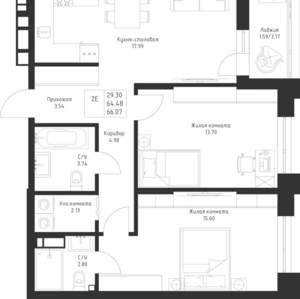 2-к квартира, вторичка, 66м2, 3/23 этаж