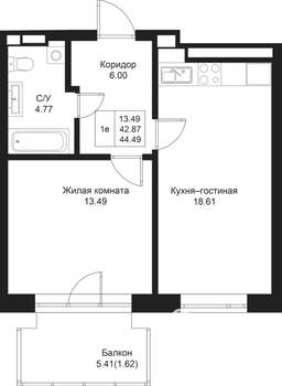 1-к квартира, вторичка, 44м2, 5/5 этаж