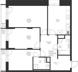 3-к квартира, вторичка, 82м2, 4/24 этаж