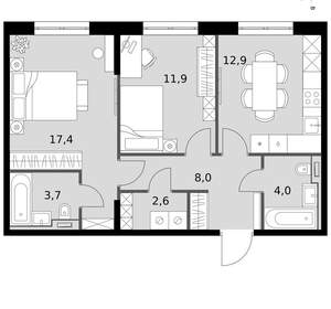 2-к квартира, вторичка, 61м2, 18/19 этаж