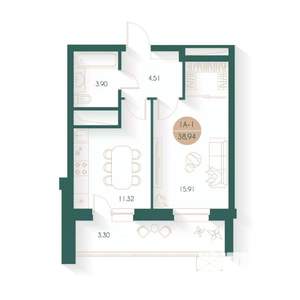 1-к квартира, строящийся дом, 39м2, 2/17 этаж