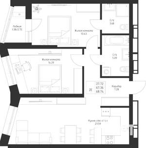 2-к квартира, вторичка, 69м2, 3/23 этаж