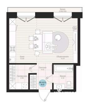 Студия квартира, вторичка, 41м2, 7/19 этаж