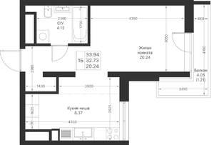 1-к квартира, вторичка, 34м2, 17/24 этаж