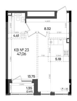 2-к квартира, вторичка, 47м2, 7/9 этаж