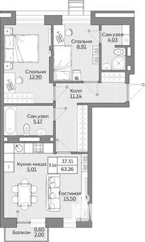 3-к квартира, вторичка, 63м2, 10/19 этаж