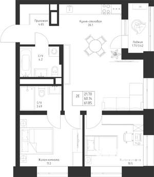 2-к квартира, вторичка, 62м2, 7/23 этаж