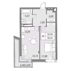 2-к квартира, вторичка, 55м2, 4/9 этаж