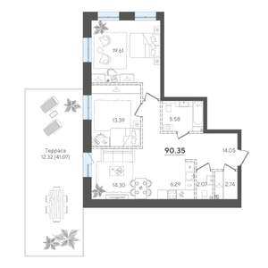 2-к квартира, строящийся дом, 90м2, 2/4 этаж