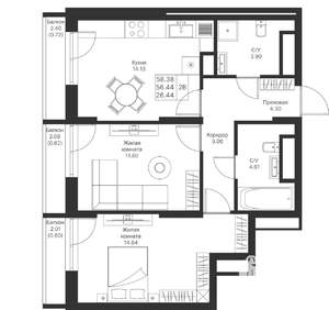 2-к квартира, вторичка, 58м2, 23/25 этаж