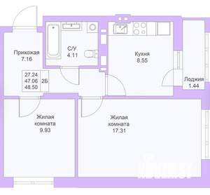 2-к квартира, вторичка, 48м2, 4/25 этаж