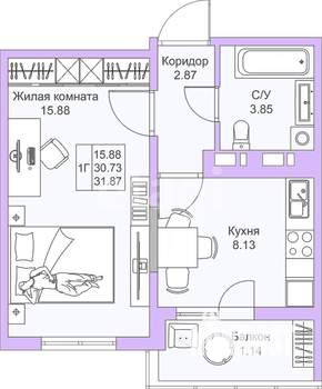 1-к квартира, вторичка, 31м2, 4/14 этаж