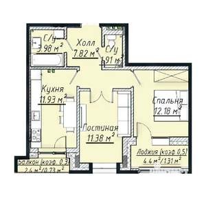 2-к квартира, строящийся дом, 52м2, 2/7 этаж