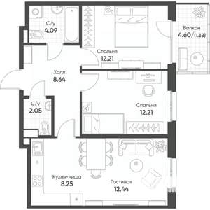 3-к квартира, строящийся дом, 61м2, 7/8 этаж