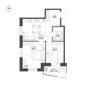 2-к квартира, строящийся дом, 55м2, 10/19 этаж