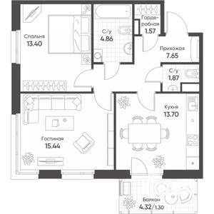 2-к квартира, строящийся дом, 60м2, 3/18 этаж