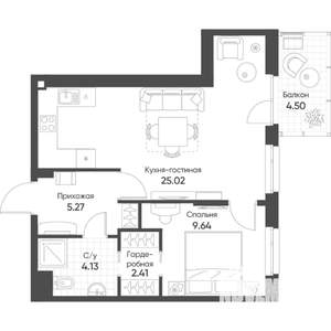 1-к квартира, строящийся дом, 48м2, 15/20 этаж