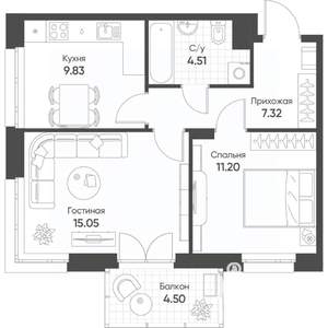2-к квартира, строящийся дом, 49м2, 18/20 этаж
