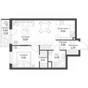 2-к квартира, вторичка, 44м2, 16/17 этаж