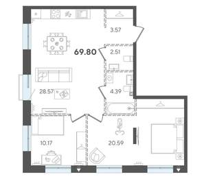 2-к квартира, строящийся дом, 70м2, 2/5 этаж