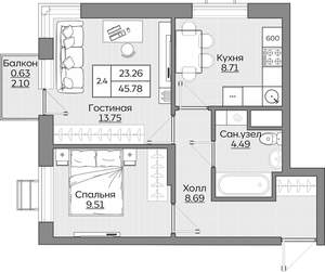 2-к квартира, вторичка, 46м2, 7/24 этаж