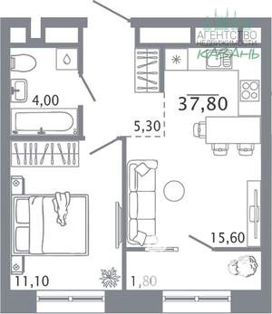 2-к квартира, вторичка, 38м2, 7/12 этаж