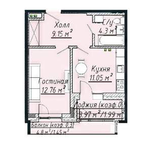 1-к квартира, строящийся дом, 41м2, 2/7 этаж