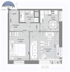 2-к квартира, вторичка, 51м2, 17/24 этаж