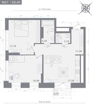 2-к квартира, строящийся дом, 69м2, 6/23 этаж