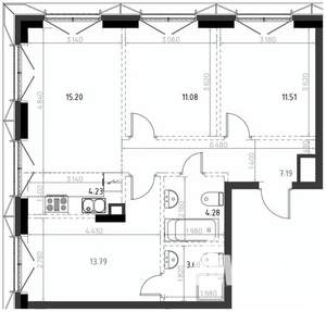 3-к квартира, вторичка, 71м2, 11/15 этаж