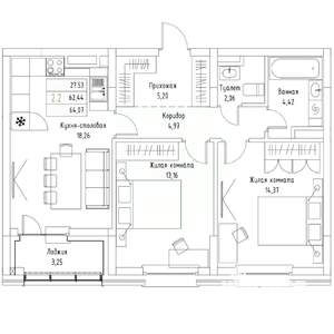 2-к квартира, вторичка, 64м2, 5/9 этаж