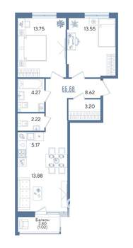 2-к квартира, строящийся дом, 66м2, 2/13 этаж