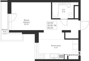 1-к квартира, вторичка, 34м2, 20/24 этаж