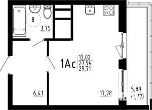1-к квартира, строящийся дом, 30м2, 19/23 этаж