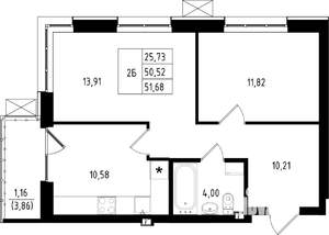 2-к квартира, сданный дом, 52м2, 1/15 этаж