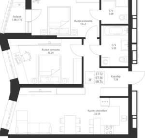 2-к квартира, вторичка, 69м2, 2/23 этаж