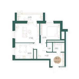 2-к квартира, строящийся дом, 63м2, 19/24 этаж