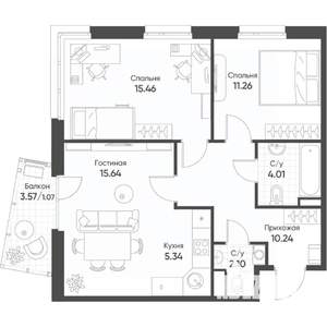 3-к квартира, вторичка, 65м2, 7/17 этаж