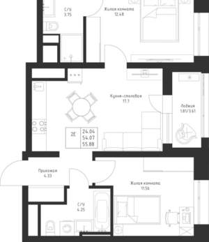 2-к квартира, вторичка, 56м2, 13/23 этаж