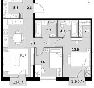 3-к квартира, вторичка, 68м2, 6/19 этаж