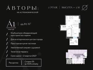 1-к квартира, строящийся дом, 45м2, 2/4 этаж