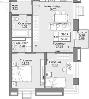 3-к квартира, вторичка, 55м2, 3/24 этаж