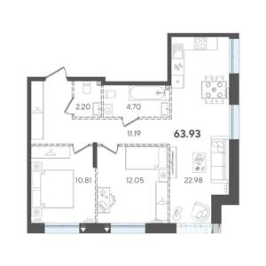 2-к квартира, строящийся дом, 64м2, 5/5 этаж