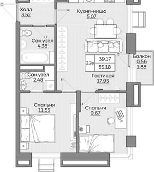 3-к квартира, вторичка, 55м2, 4/24 этаж