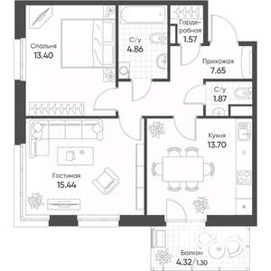 2-к квартира, вторичка, 60м2, 7/18 этаж