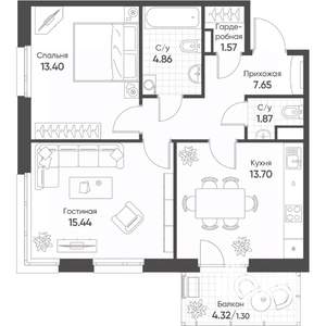 2-к квартира, строящийся дом, 60м2, 6/18 этаж