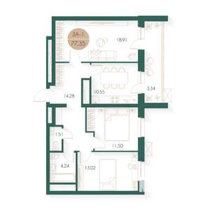 3-к квартира, строящийся дом, 77м2, 7/24 этаж