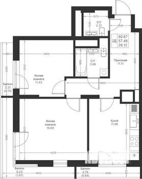 2-к квартира, вторичка, 61м2, 17/24 этаж